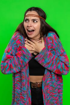 Young woman scared fearful, meeting her own phobia, evidence horror event, screaming, shouting at loud, freaked out. Girl on chroma key background, green screen