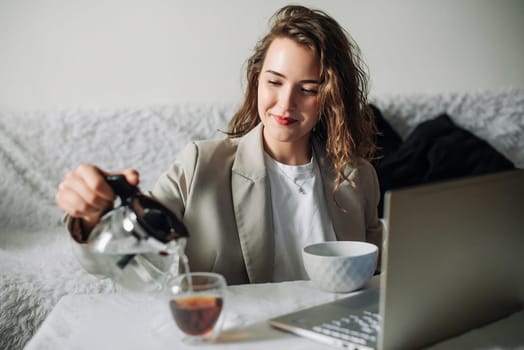 Healthy Breakfast with Laptop and Tea, Happy Girl Enjoying Morning Routine at Home, Nutrition and Technology, Productivity and Relaxation, Modern Lifestyle Concept.