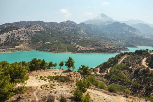 Gecitkoy (Dagdere) dam with turquoise water near Kyrenia, Northern Cyprus.