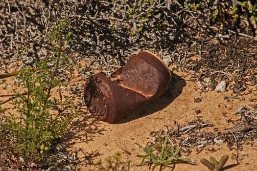 A rusty old tin can littering the Namaqua National Park. South Africa.