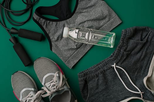Workout plan with fitness food and sport equipment on green background, top view. Copy space. Still life