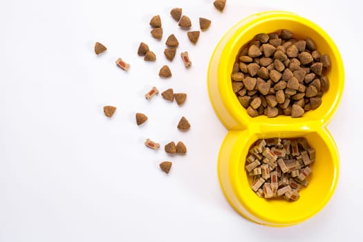 dry pet food in bowl on white background top view. Still life. Copy space