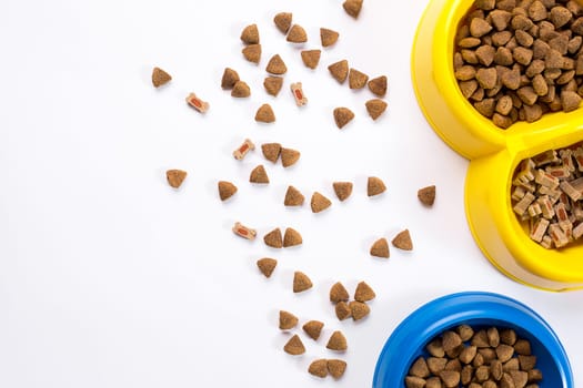 dry pet food in bowl on white background top view. Still life. Copy space