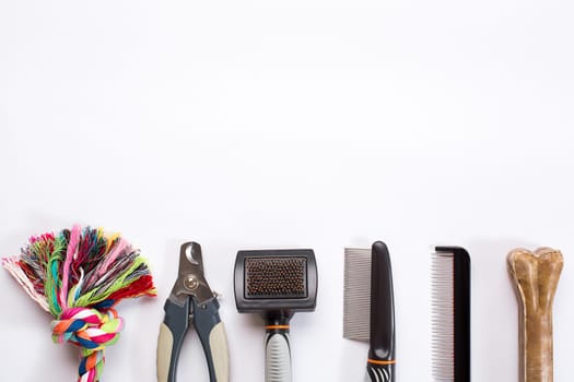 Acessories for the grooming of the dog. Combs and brushes for dogs. Top view. Still life. Copy space