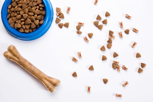 dry pet food in bowl on white background top view. Still life. Copy space