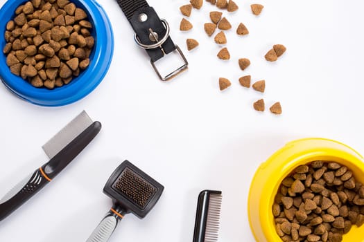 Collar, bowl with feed, leash, delicacy, combs and brushes for dogs. Isolated on white background. Top view. Still life. Copy space