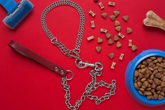 Pet accessories on red background. Top view. Still life. Copy space