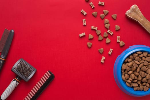 Pet accessories on red background. Top view. Still life. Copy space
