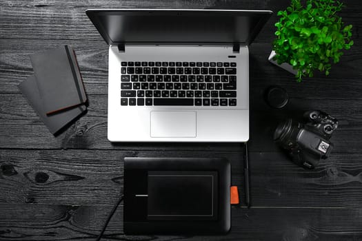 Working place, wooden table Top view Flat lay