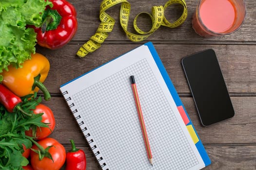 Concept diet, slimming plan with vegetables top view mock up. Copy space