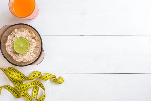 Healthy food with muesli and juice. Top view. Copy space