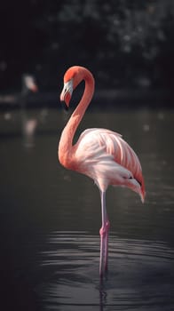 A pink flamingo stands in the water. Close-up. Generative AI.