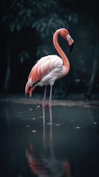A pink flamingo stands in the water. Close-up. Generative AI.