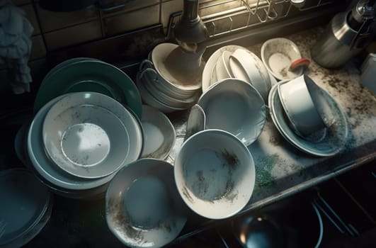 A pile of dirty dishes in the sink. Generative AI High quality illustration