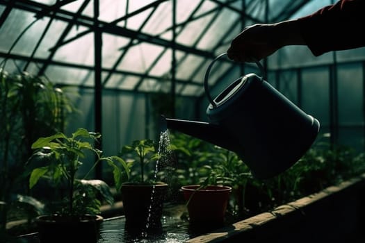 Hands watered from a watering can juicy cucumber leaves in a greenhouse. Generative AI High quality illustration