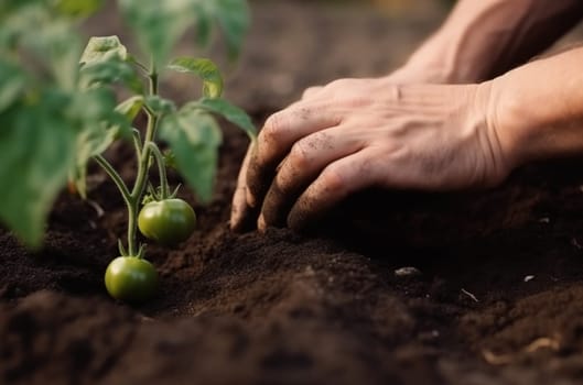 Hands planting green tomato seedlings on a bed in the greenhouse. Generative AI High quality illustration