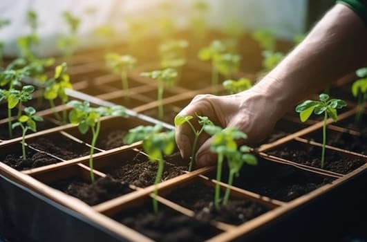 Hands planting green tomato seedlings on a bed in the greenhouse. Generative AI High quality illustration