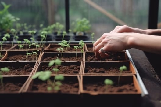Hands planting green tomato seedlings on a bed in the greenhouse. Generative AI High quality illustration