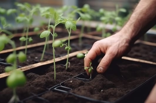 Hands planting green tomato seedlings on a bed in the greenhouse. Generative AI High quality illustration