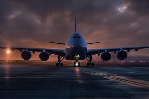 Huge plane on the runway at sunset. Atmospheric mood. Generative AI. High quality illustration