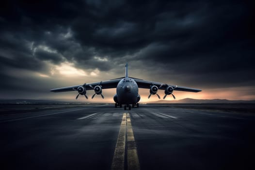 Huge plane on the runway at sunset. Atmospheric mood. Generative AI. High quality illustration