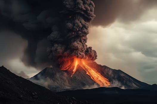 A volcanic eruption in the mountains with a column of lava and smoke. Generative AI High quality illustration