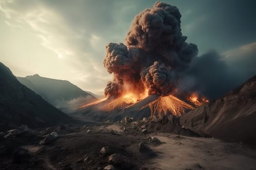 A volcanic eruption in the mountains with a column of lava and smoke. Generative AI High quality illustration