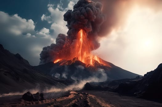 A volcanic eruption in the mountains with a column of lava and smoke. Generative AI High quality illustration