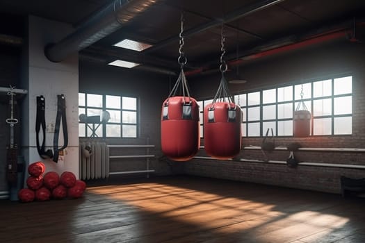Bright boxing room with punching bags, no people. Generative Ai. High quality illustration