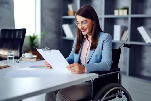 A young woman in a wheelchair working with documents in her office. Generative AI. High quality photo