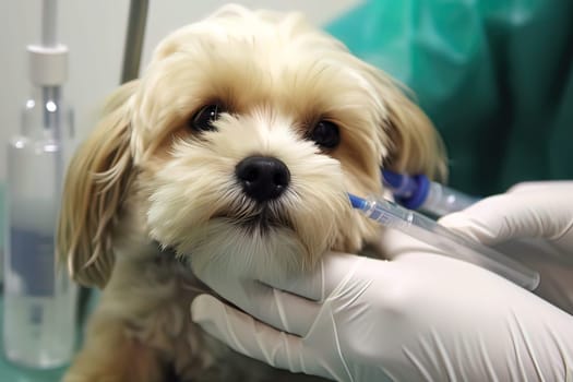The doctor gives an injection to a small dog in a veterinary clinic. Generative AI. High quality illustration