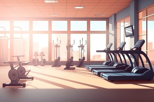 Empty gym with exercise equipment and large windows. Generative AI. High quality illustration