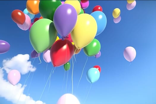 Multicolored balloons against the blue sky. Generative AI. High quality photo