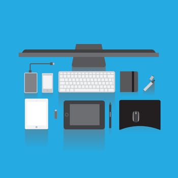 Computer, keyboard and tablet on blue background for online network, workspace planning and application above. Graphic design of desktop pc and digital technology with electronics, mouse and notebook.