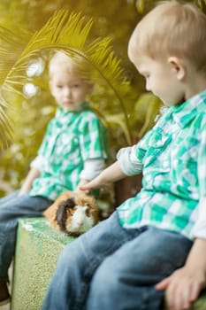 Image of adorable twin boys posing with guinea pig
