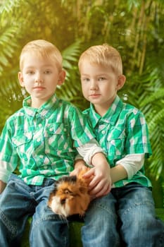 Image of cute young twins posing with guinea pig, close-up