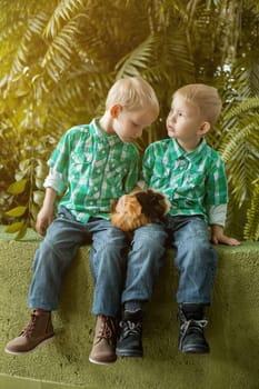Adorable little twin brothers posing with cavy, close-up