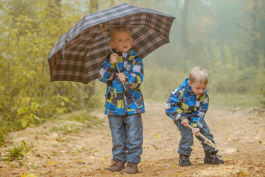 Image of two young brothers playing in autumn park