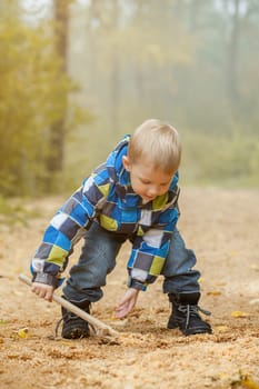 Image of cheerful boy playing in autumn park, close-up