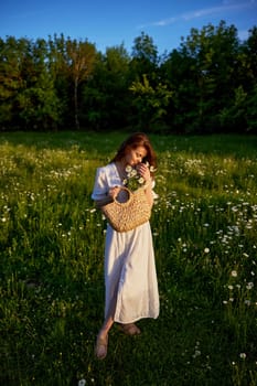 a beautiful, happy woman in a light dress stands in a chamomile field in the rays of the setting sun. High quality photo