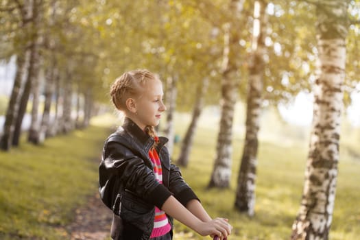 Image of adorable young girl posing in birch grove, close-up