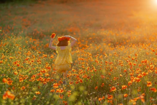 Happy girl poppy field walks under the evening sun. Back view.