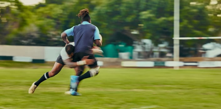 Rugby, tackle and action, black man running to score goal on field at game, match or practice workout. Sports, fitness and motion, player in action and blur on grass with energy and skill in sport