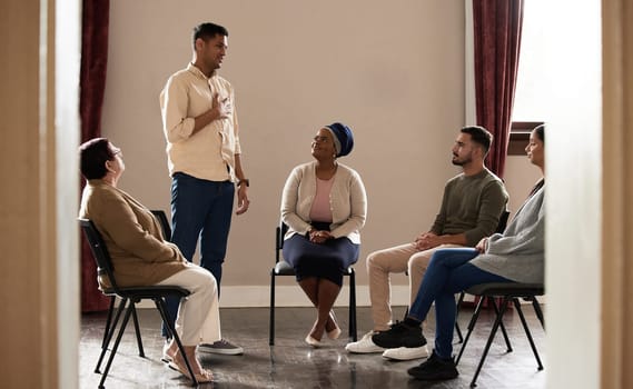 Group therapy, mental help and psychologist support meeting of a sharing circle for drug abuse. Mind wellness, stress care and counseling conversation together with therapist discussion and advice.