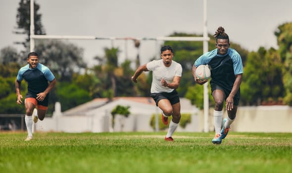 Rugby, running or sports men in game playing a training game for cardio exercise or workout outdoors. Fitness speed, black man or fast African athlete player with ball exercising on field in stadium.