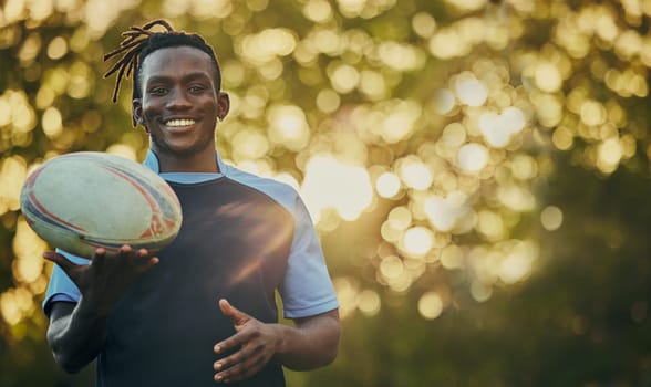 Rugby, ball and portrait of black man with smile, confidence and pride in winning game. Fitness, sports and happy face of player ready for match, workout or competition at stadium with mockup space