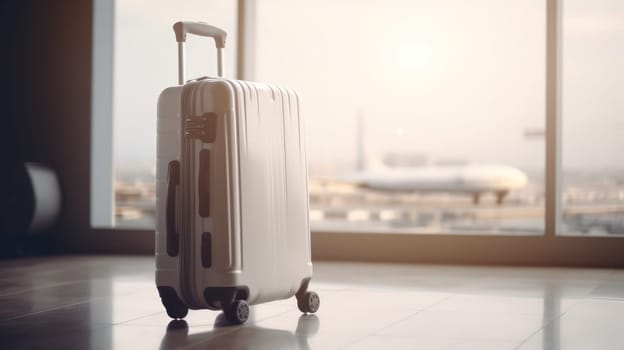 Travel suitcase with airport defocused background. Generative AI.