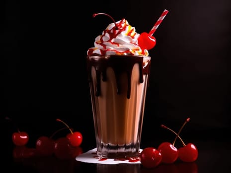 Chocolate milkshake with whipped cream and cherry. Generative AI.