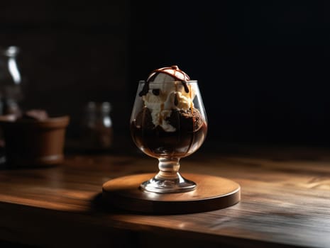 Tasty cold chocolate and vanilla ice cream sundae. Generative AI.