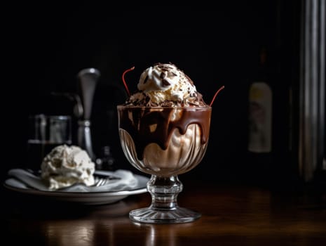 Tasty cold chocolate and vanilla ice cream sundae. Generative AI.